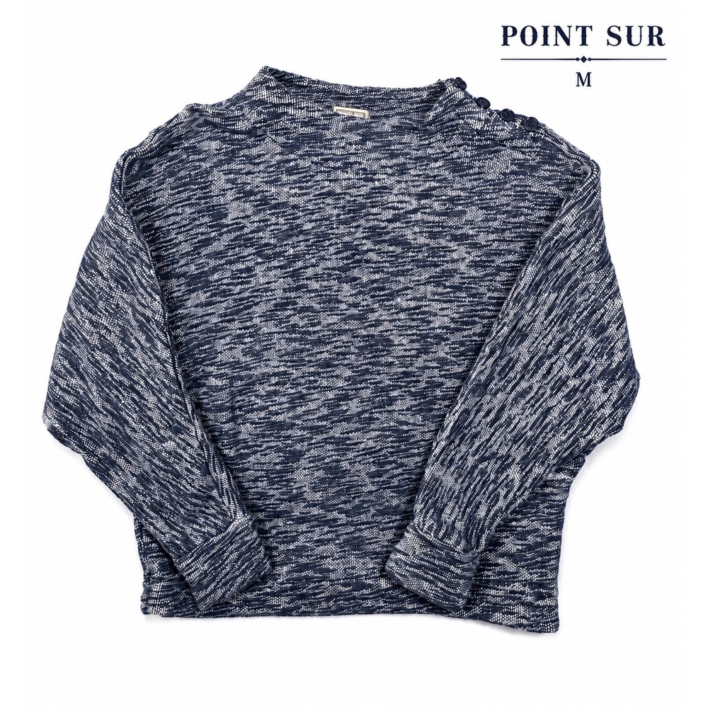 Point Sur Marled Knit Sweater Women's M Blue White Button Shoulder Cotton